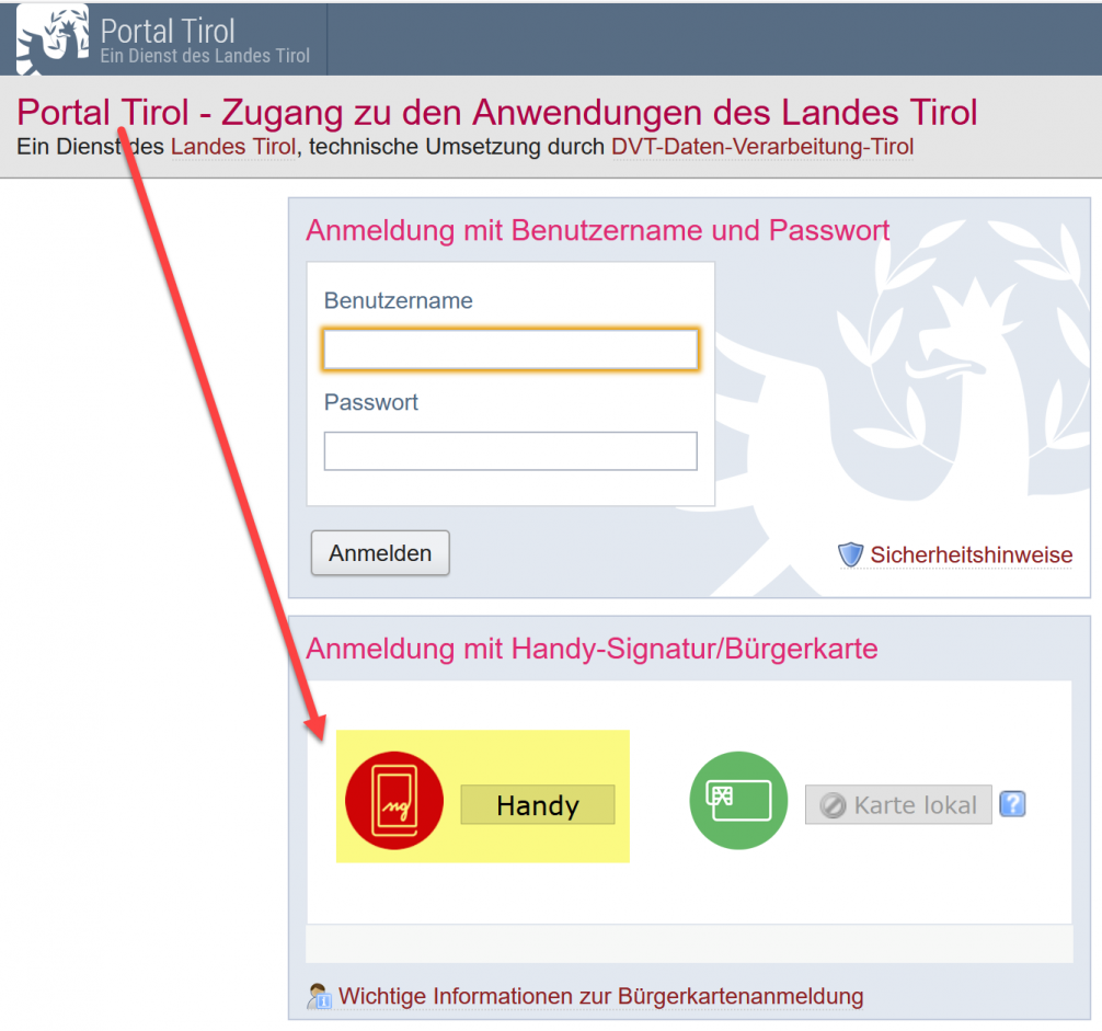 Screenshot Portal Tirol Handysignatur