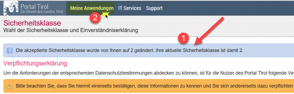 Screenshot Sicherheitsklasse 2 geändert