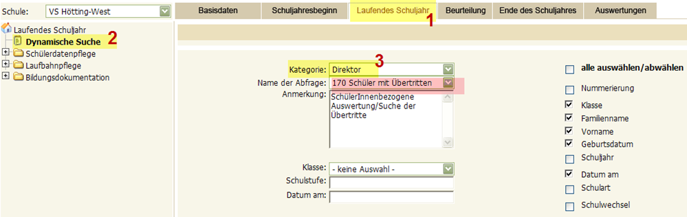 Dynamische Suche nach Übertritten