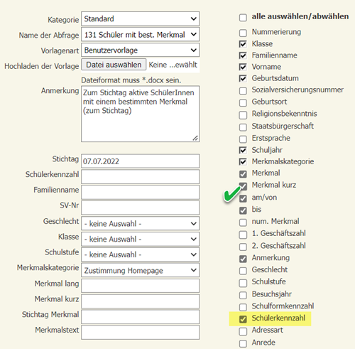 Schülerkennzahl für Vorauswahl